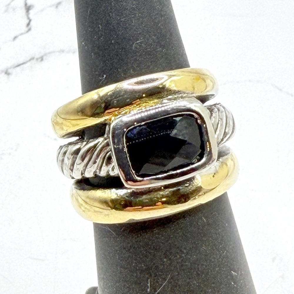 New Black Faceted Glass Stone Two Tone Ring Size 6 Unisex See Video